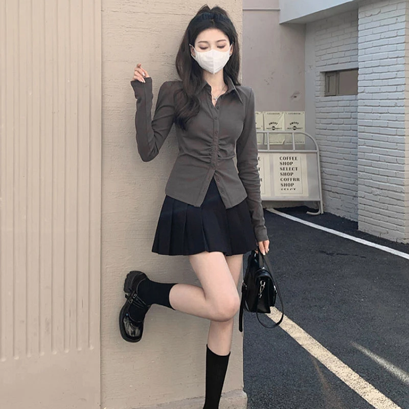 春季时尚套装jk纯欲轻熟风别致收腰衬衫+高腰百褶裙短裙两件套女