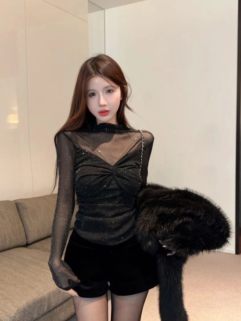 透视细闪网纱打底衫扭结设计感T恤辣妹风修身显瘦百搭上衣潮