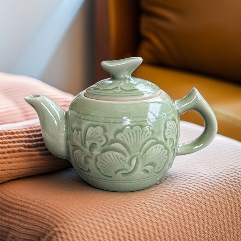 耀州窑刻花牡丹纹茶壶精修细雕牡丹纹高温青瓷复古家用陶瓷茶壶