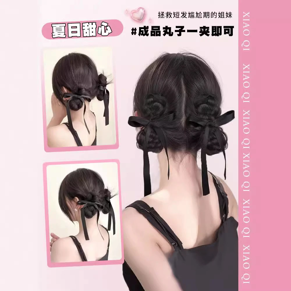 子头假发发圈甜心元气少女仿真发辫子发苞丝带蝴蝶结盘发神器