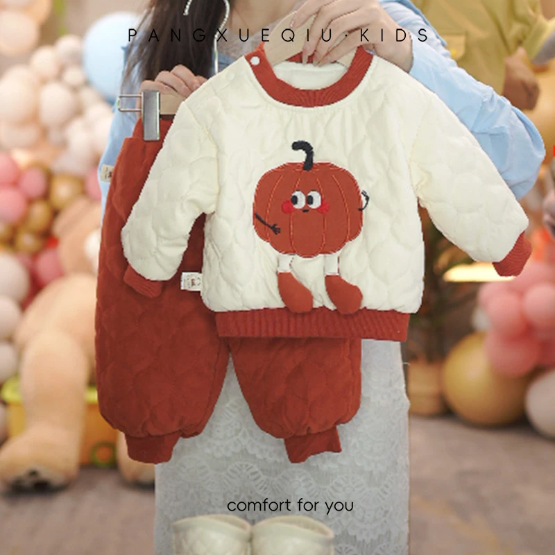 【胖雪球】婴幼童套装秋冬超萌南瓜宝宝夹棉加绒上衣裤子加厚两件套