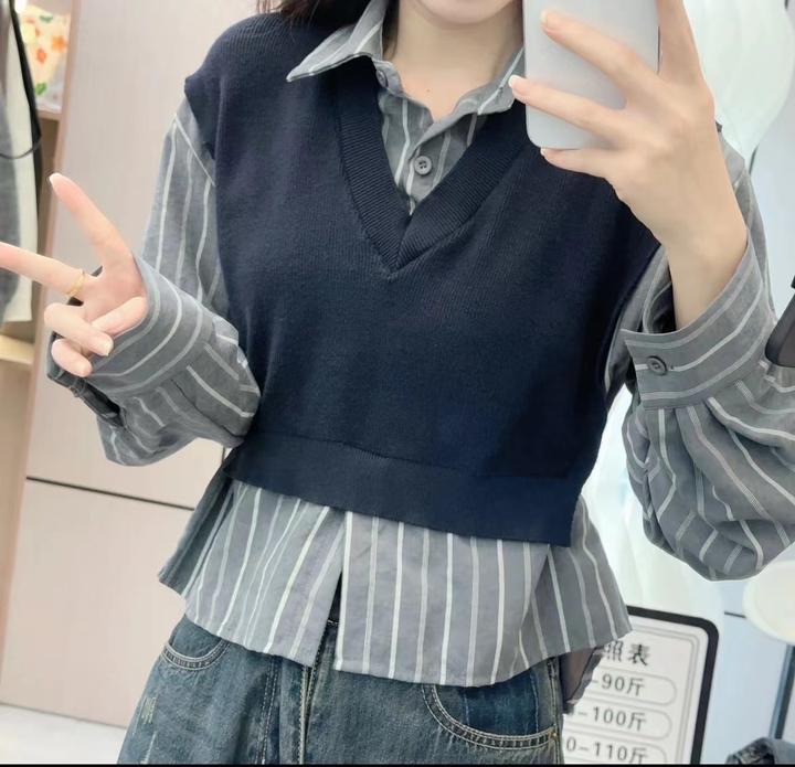 7326早秋新款假两件针织拼接时尚百搭衬衣