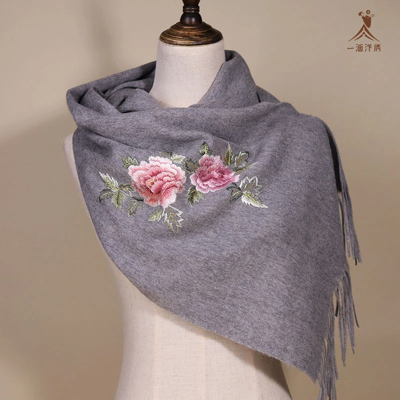 一涵汴绣牡丹手工刺绣春秋百搭羊绒保暖围巾高档女士礼品妈妈礼物