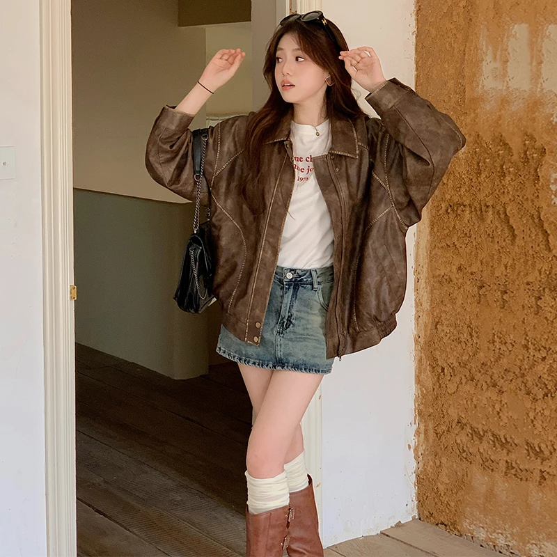 棕色小皮衣女2024新款今年流行美式复古咖色设计感皮夹克夹棉外套