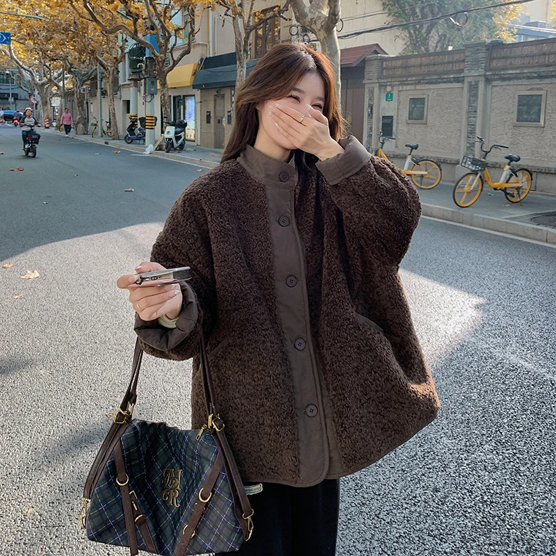 两面穿毛绒外套女2024年冬季新款韩系立领美拉德派克服加厚外套