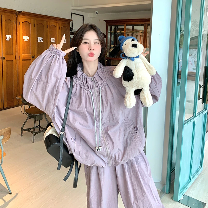 可盐可甜工装休闲运动紫色上衣套装女秋季2024新款束脚裤两件套