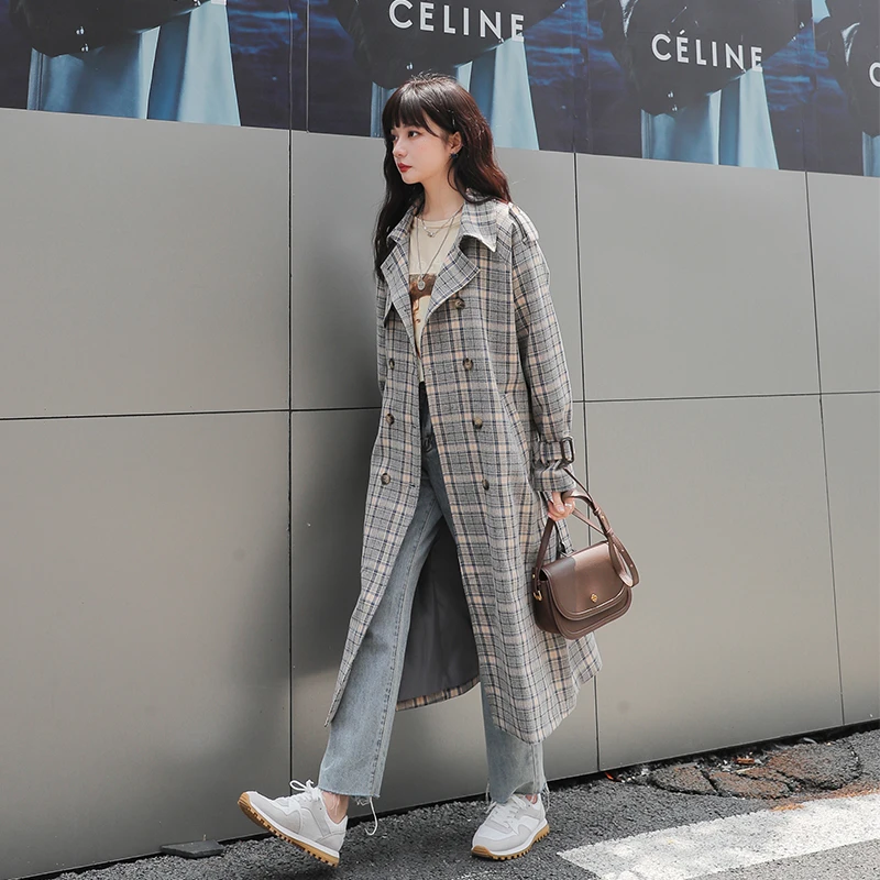 风衣女中长款2024春秋新款气质英伦风垂感过膝显瘦格子大衣外套