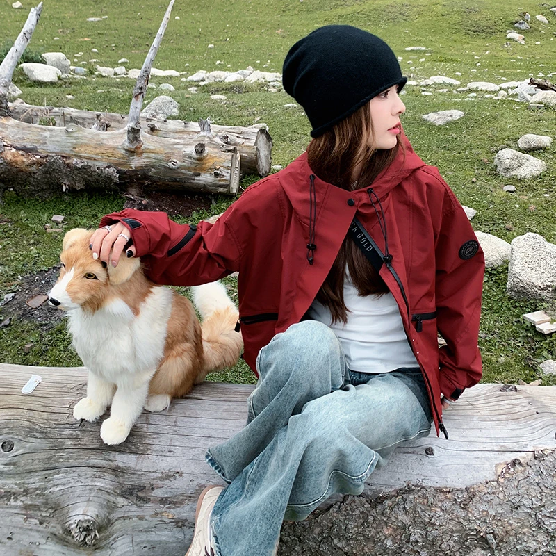 安可拉红连帽工装外套女2025秋季新款冲锋衣爆款流行酷飒夹克上衣