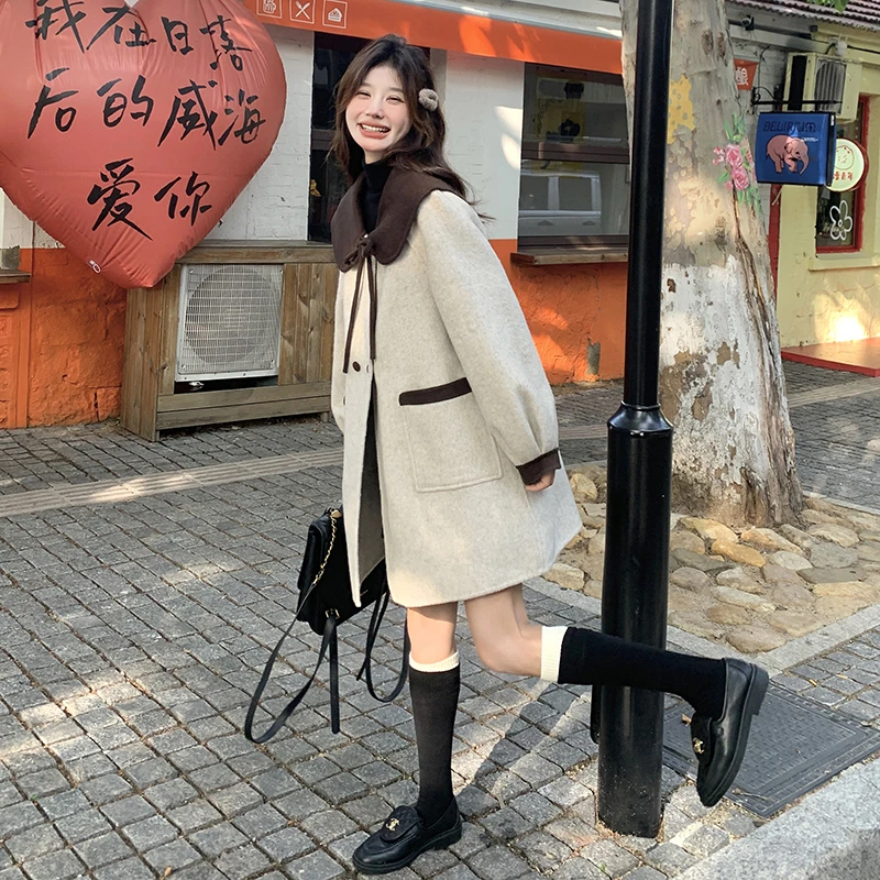 娃娃领双面羊绒大衣女2024新款秋冬小个子高级感超好看毛呢厚外套