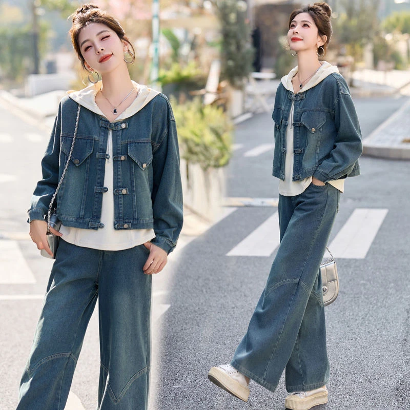 新中式牛仔时尚套装女2024年春季新款复古盘扣连帽休闲三件套
