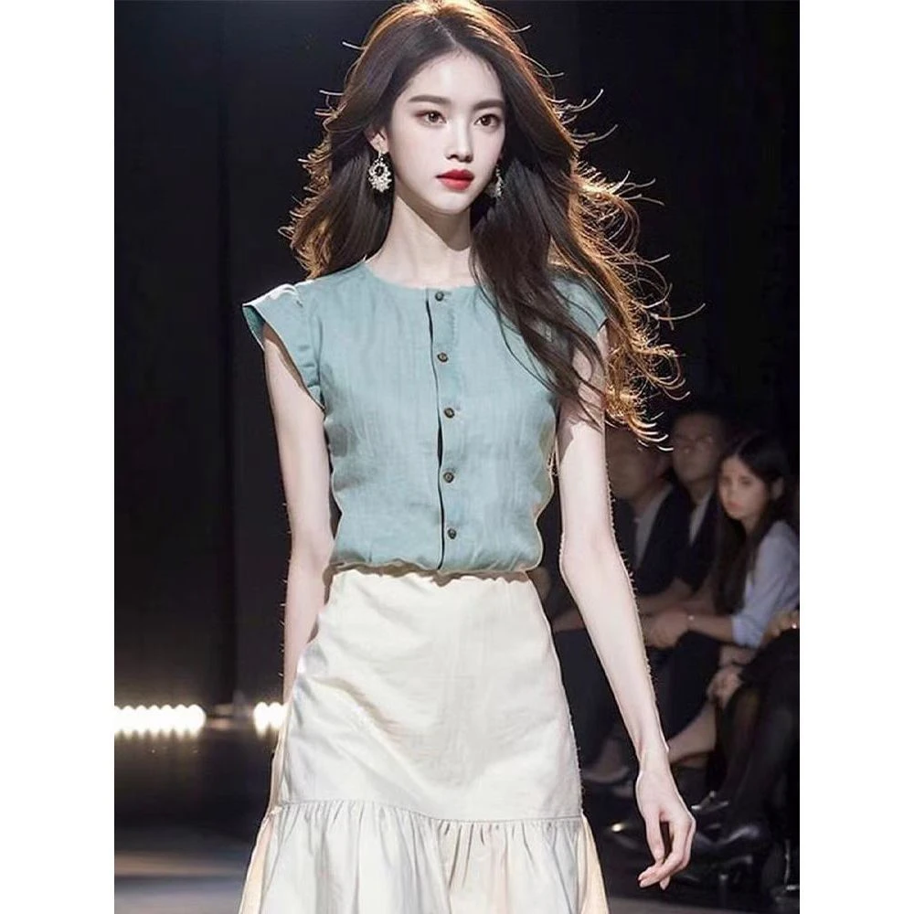 小香风名媛女装高端高级感小洋装气质蓝色衬衫上衣半身裙套装女夏