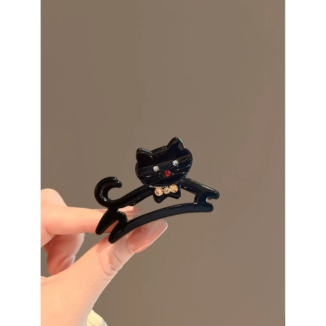 法式少女感黑色水钻猫咪中号抓夹 减龄百搭舒适半扎发抓新品包邮