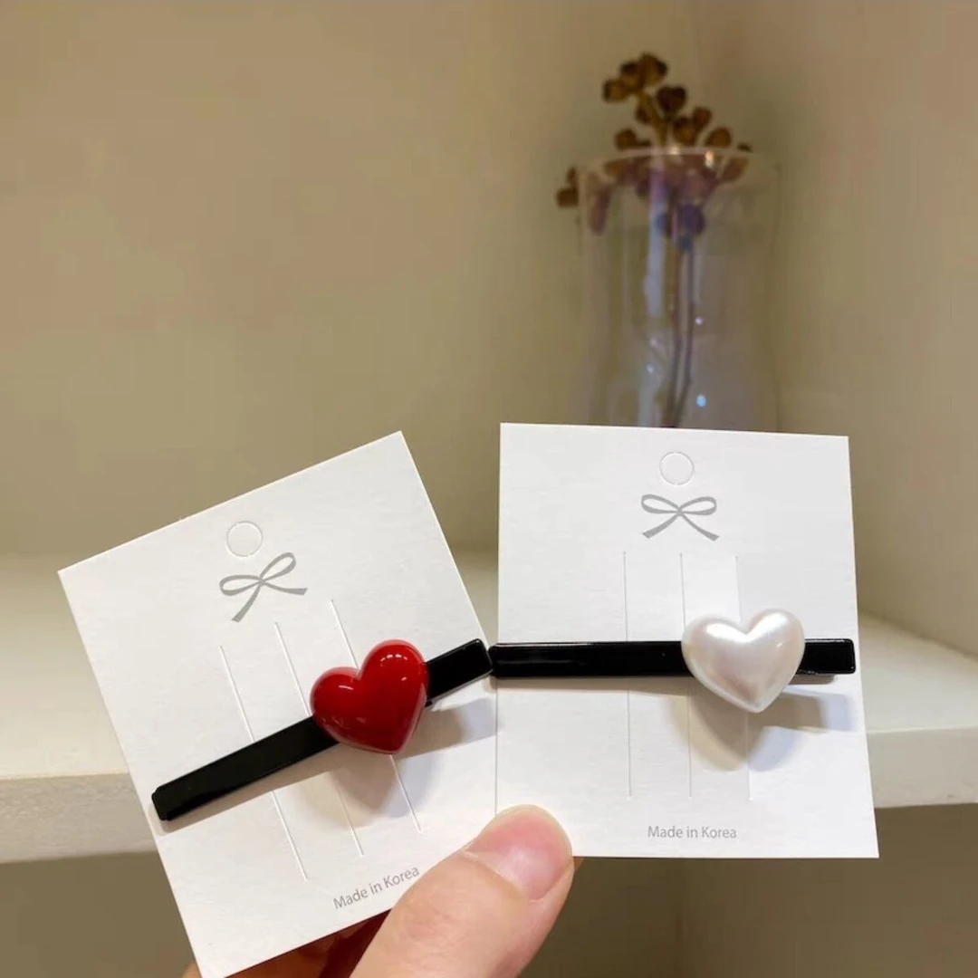 发夹爱心边夹侧边韩国短款鸭嘴夹白色母贝珠侧边发卡红爱心一字夹