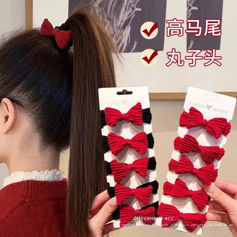 新年发饰红色蝴蝶结头绳秋冬高马尾发圈儿童不伤发皮筋女发绳皮套