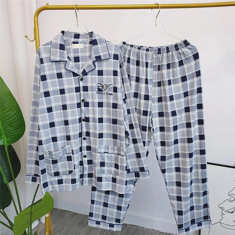 男士春秋薄款棉睡衣大码中年爸爸格子家居服长袖长裤睡衣套装3XL