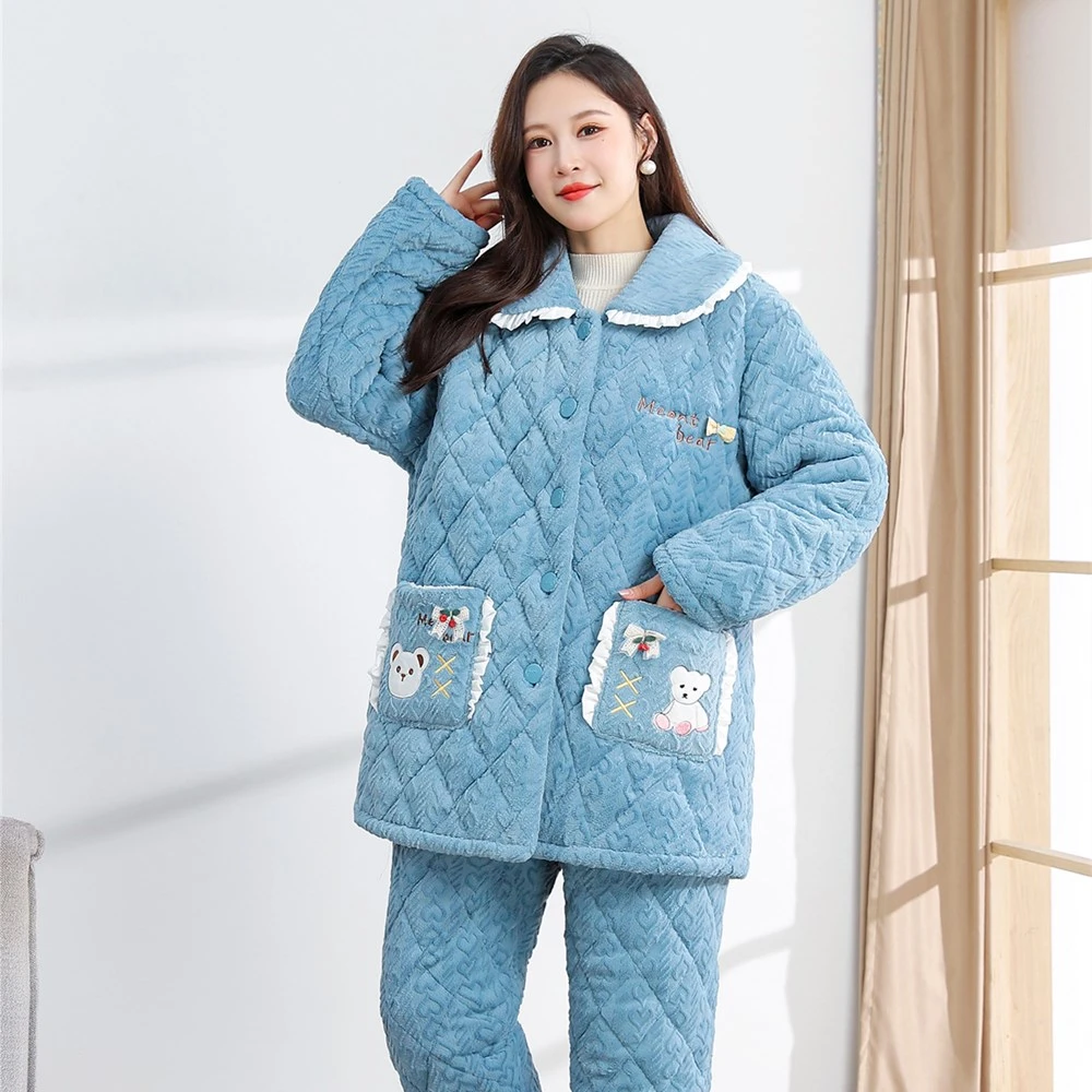 秋冬季女士加厚毛绒家居服加肥加大码珊瑚绒夹棉睡衣胖MM200斤5XL