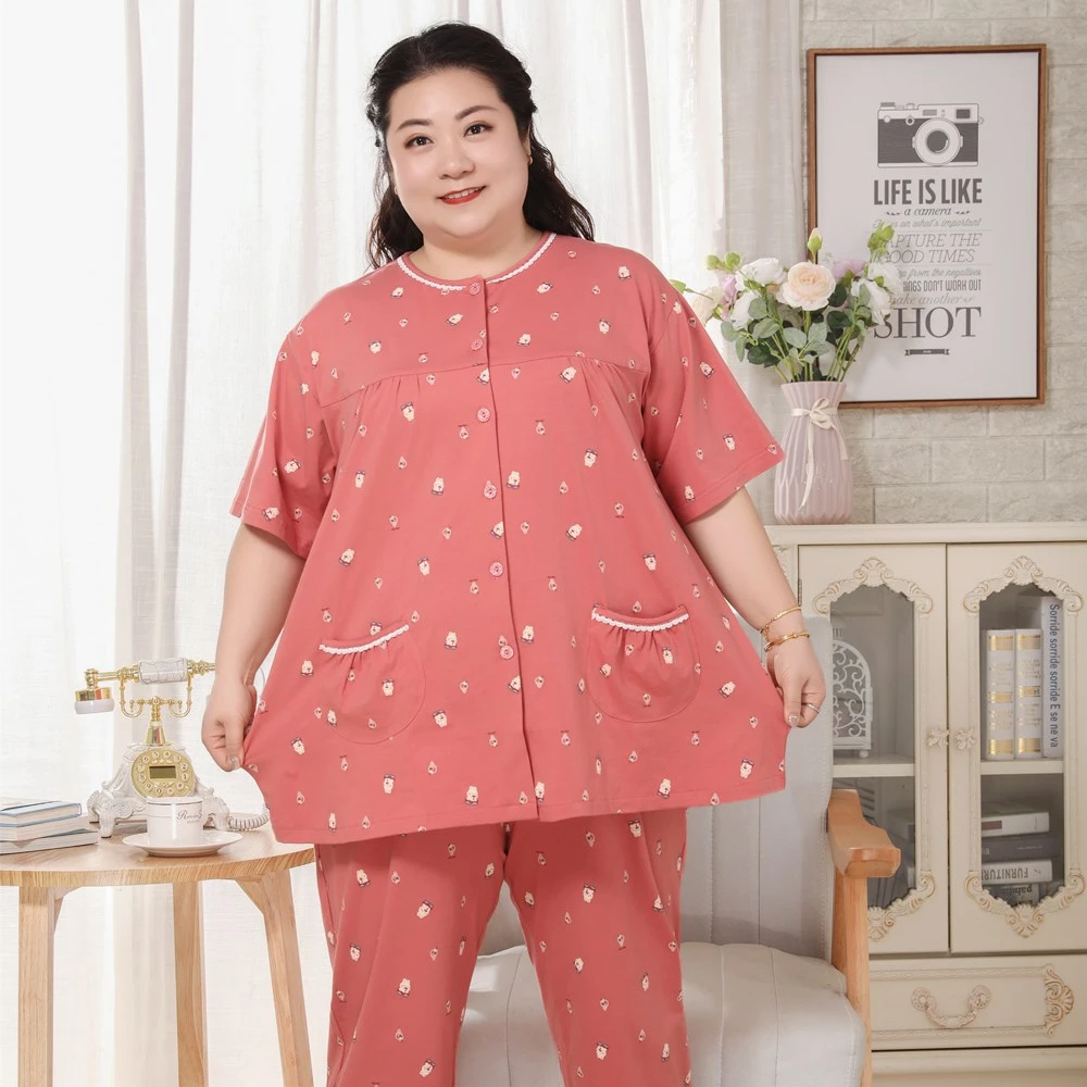 夏季加肥加大码家居服套装宽松200斤胖妈妈纯棉睡衣薄款短袖长裤