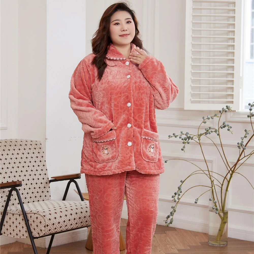 大码舒适女士加绒加厚家居服保暖秋冬季法兰绒睡衣200斤宽松300斤