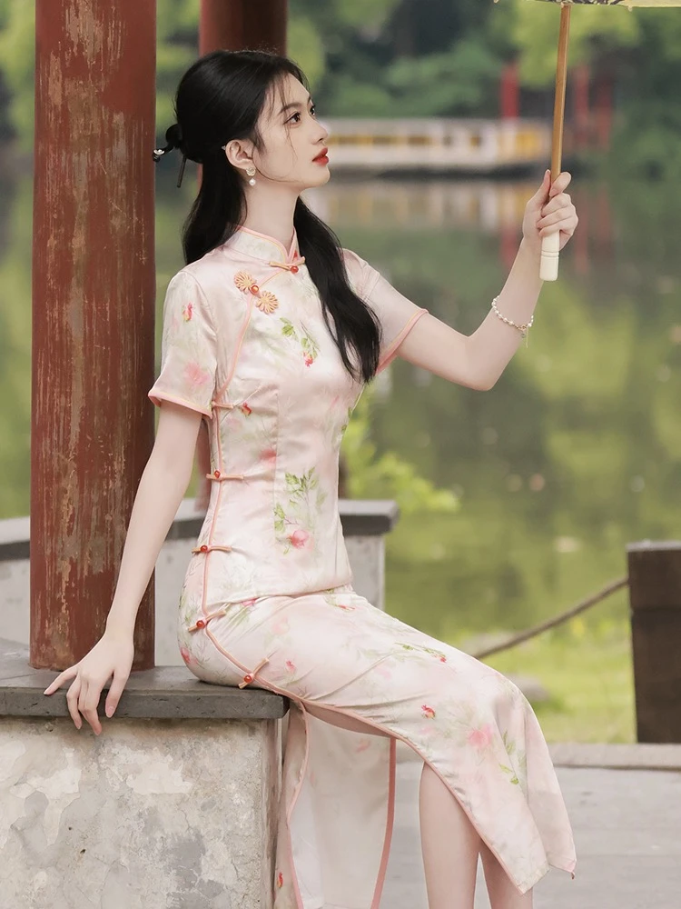 提花旗袍2023年夏季老上海复古风优雅气质年轻款少女碎花连衣裙