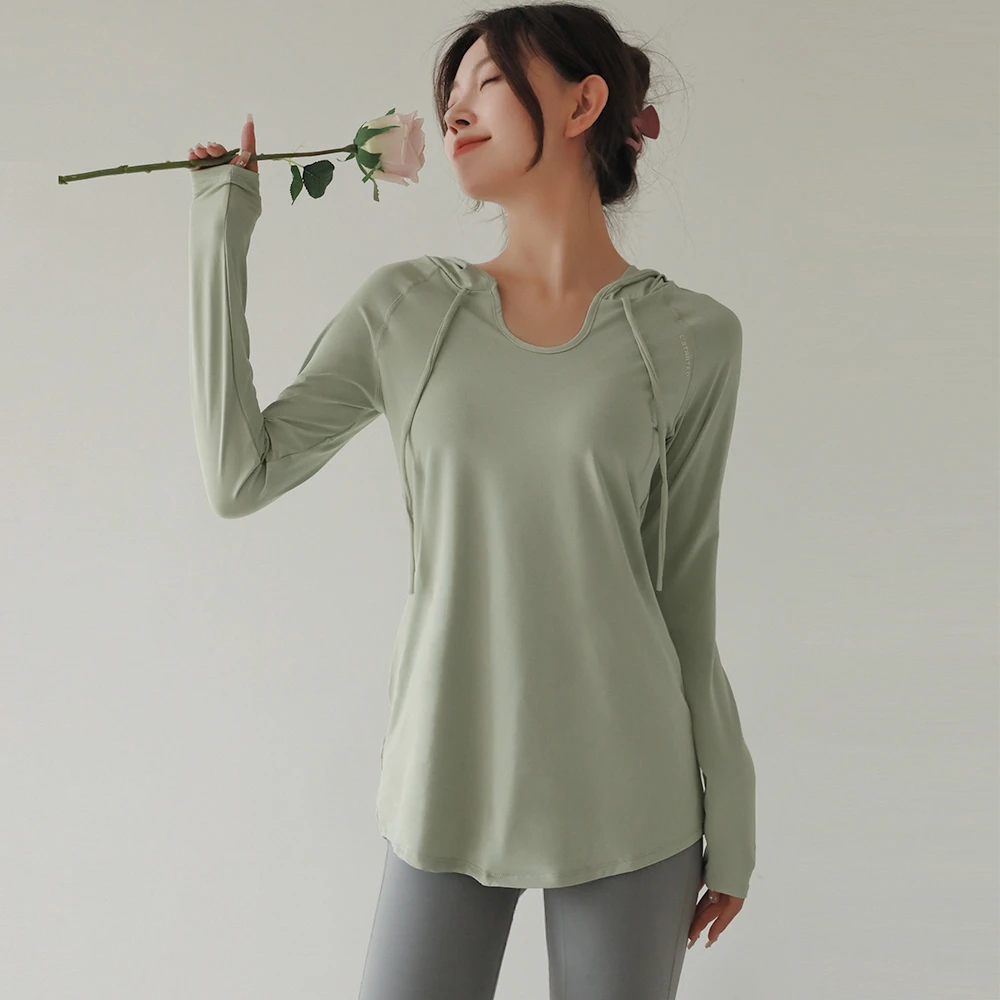 宽松瑜伽服女长袖速干透气运动上衣高级感连帽健身服秋2023新款