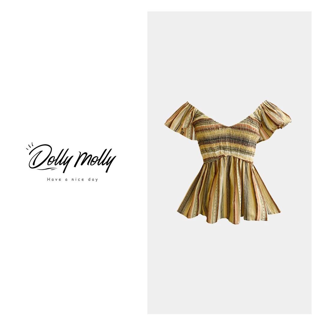 DOLLY&MOLLY黄彩条纹一字肩上衣露肩夏季女士时尚复古 176