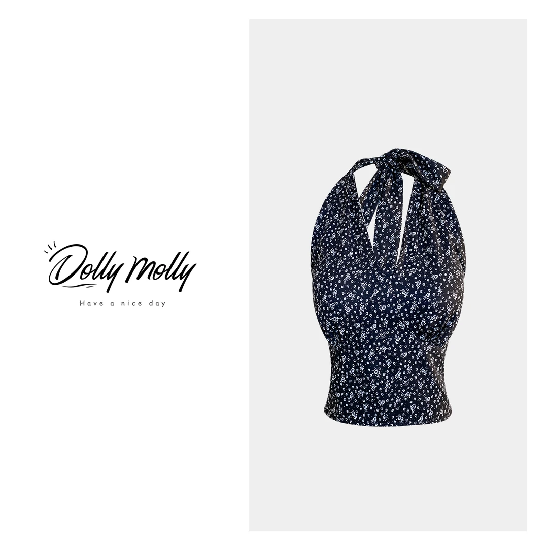 DOLLY&MOLLY（S）黑小碎花吊带挂脖带胸垫外穿时尚清凉气质设计 140