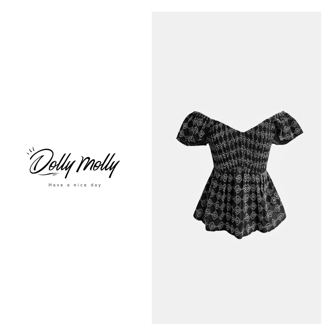 DOLLY&MOLLY法式黑色刺绣一字肩夏秋时尚显瘦气质复古尤莱特175