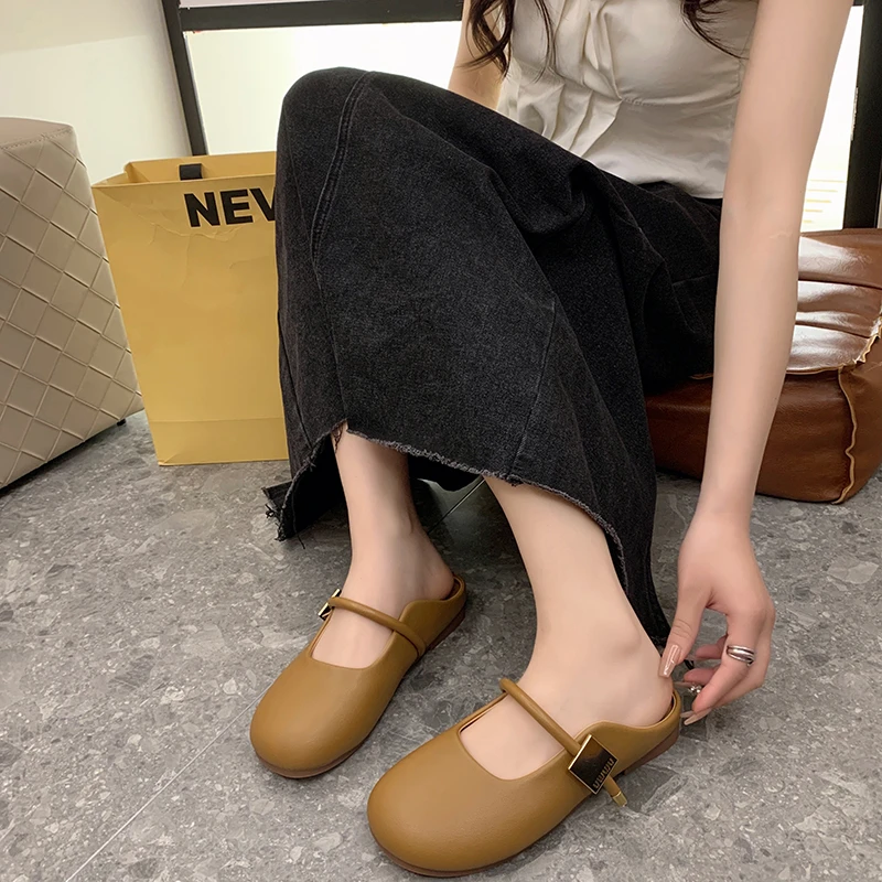 春夏韩版褶皱包头半托单鞋外出拖鞋