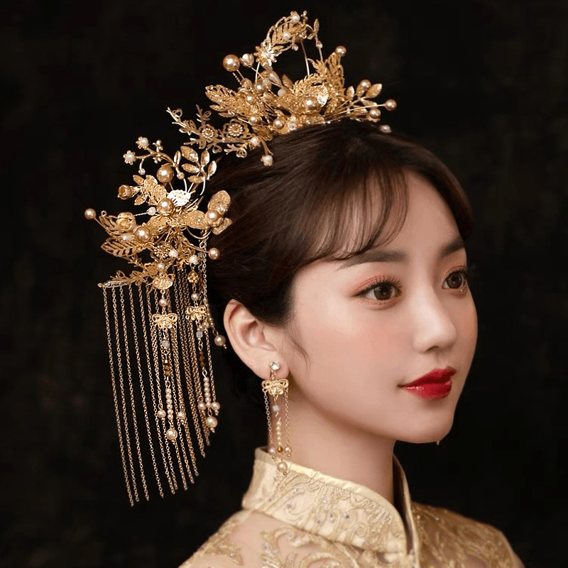 新娘古装秀禾头饰汉服中式流苏凤冠霞帔步摇秀禾服敬酒服结婚配饰