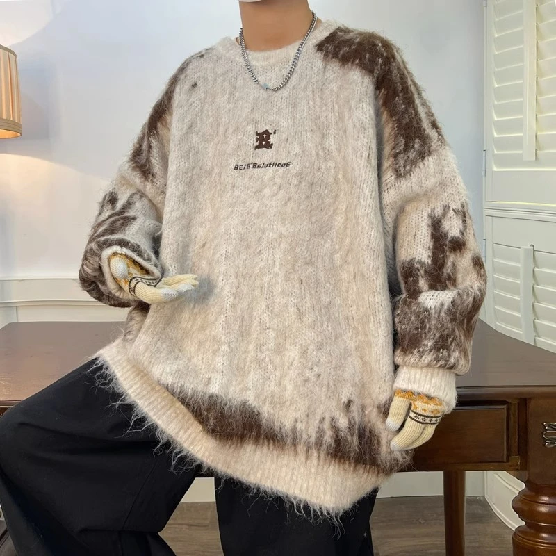 百搭高级感潮牌毛衣男秋冬季2023韩版宽松美式复古慵懒纯色针织衫