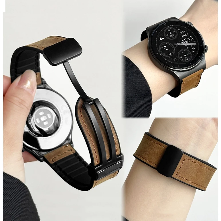 新疯马皮磁吸扣硅胶适用华为GT5/5PRO/GT4/watch表带三星荣耀男女