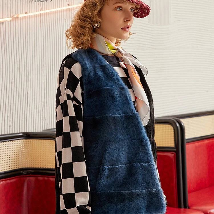 Besfunny秋冬新款V领不对称中长款年轻皮马甲女