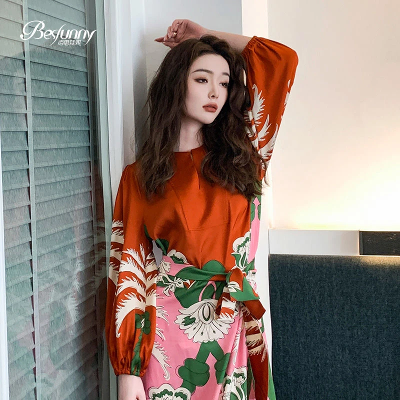 Besfunny新款宫廷印花连衣裙新款抽象重磅度假真丝长裙腰带收腰