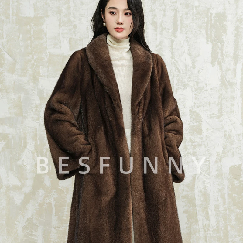Besfunny2025年新咖啡本色整貂天鹅绒水貂皮草长款大衣貂皮毛外套