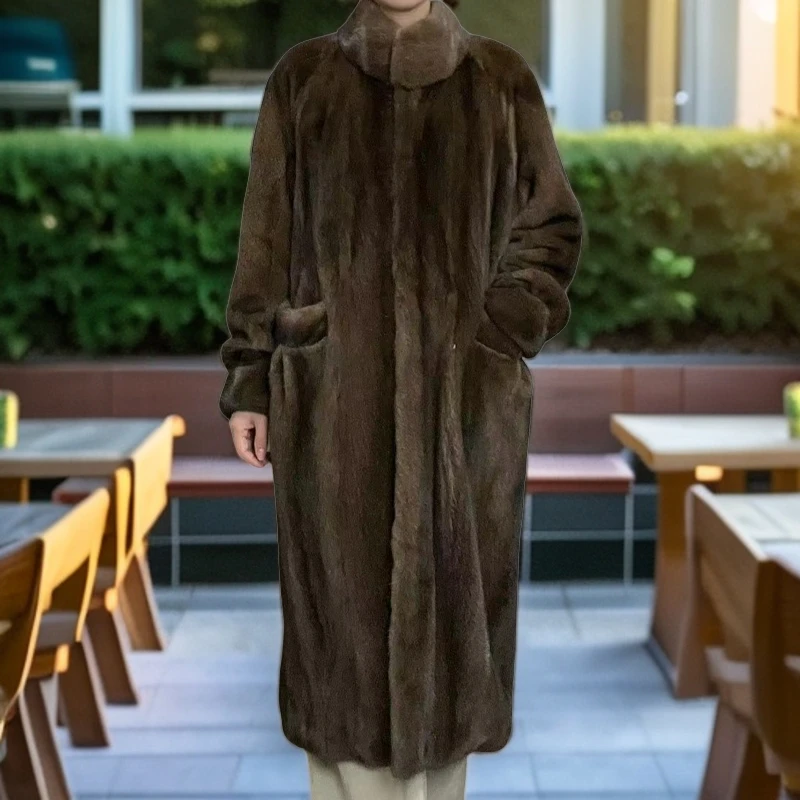 秋冬丹麦进口短二咖啡立领插肩袖明兜长款水貂保暖大衣81931