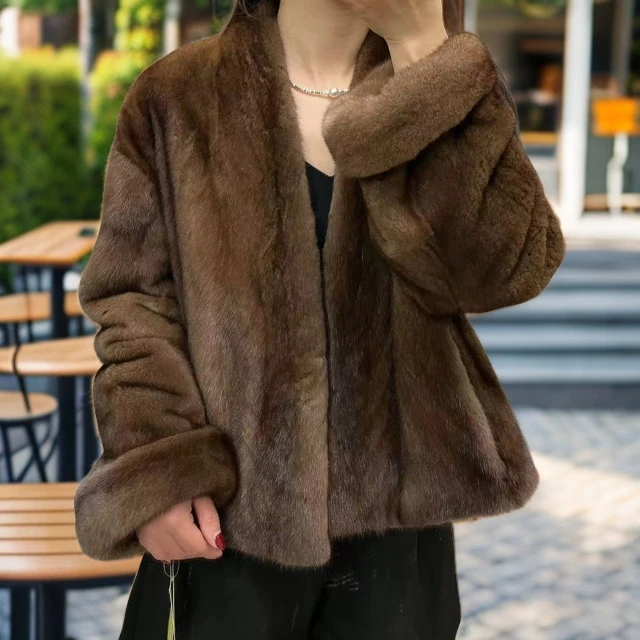 V领短款落肩挽袖水貂时尚百搭女装外套146