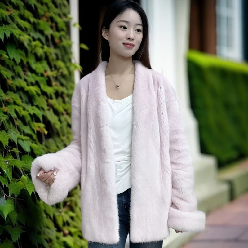 纯色V领时尚挽袖水貂外套147