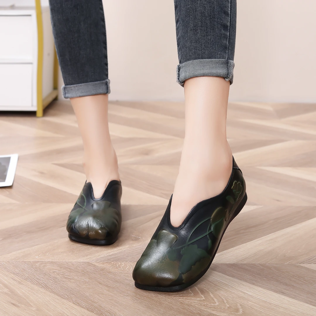 民族风真皮复古浅口纯色印花牛津软底妈妈鞋