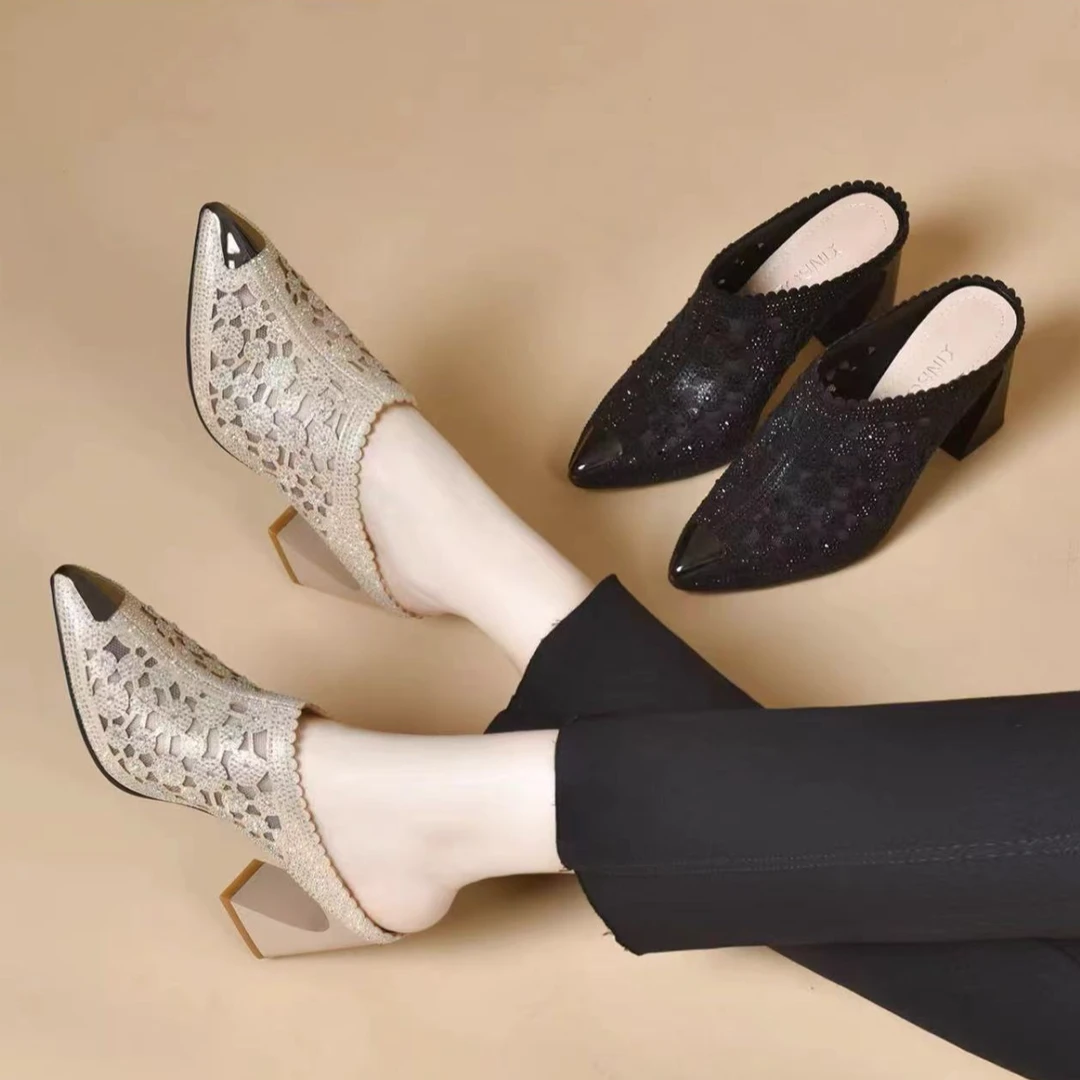2024夏季新款网纱半拖鞋包头外穿凉拖鞋镂空水钻夏款透气高跟鞋K7