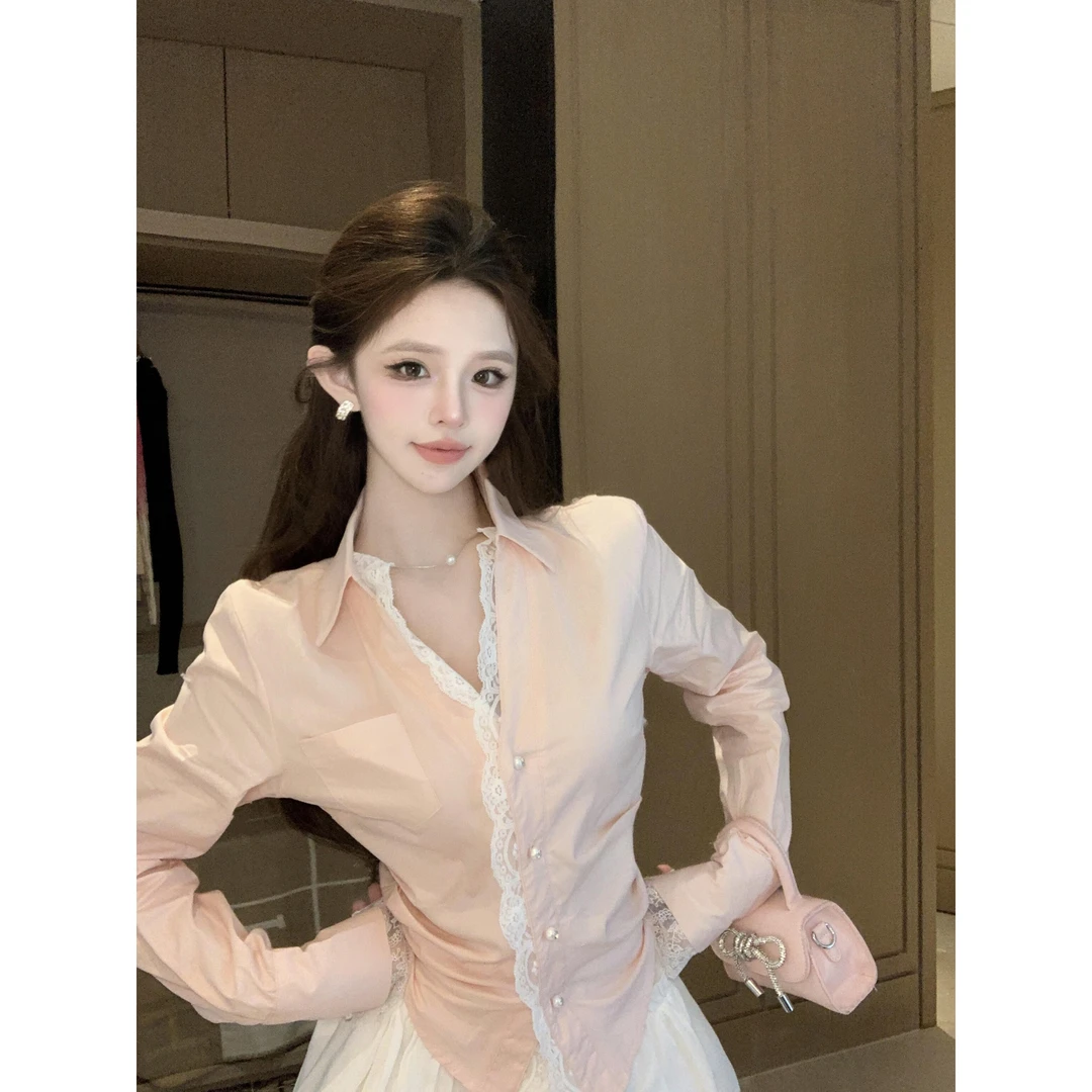 波浪边镂空蕾丝花边辣妹长袖衬衫女时尚百搭绝美别致设计感上衣服