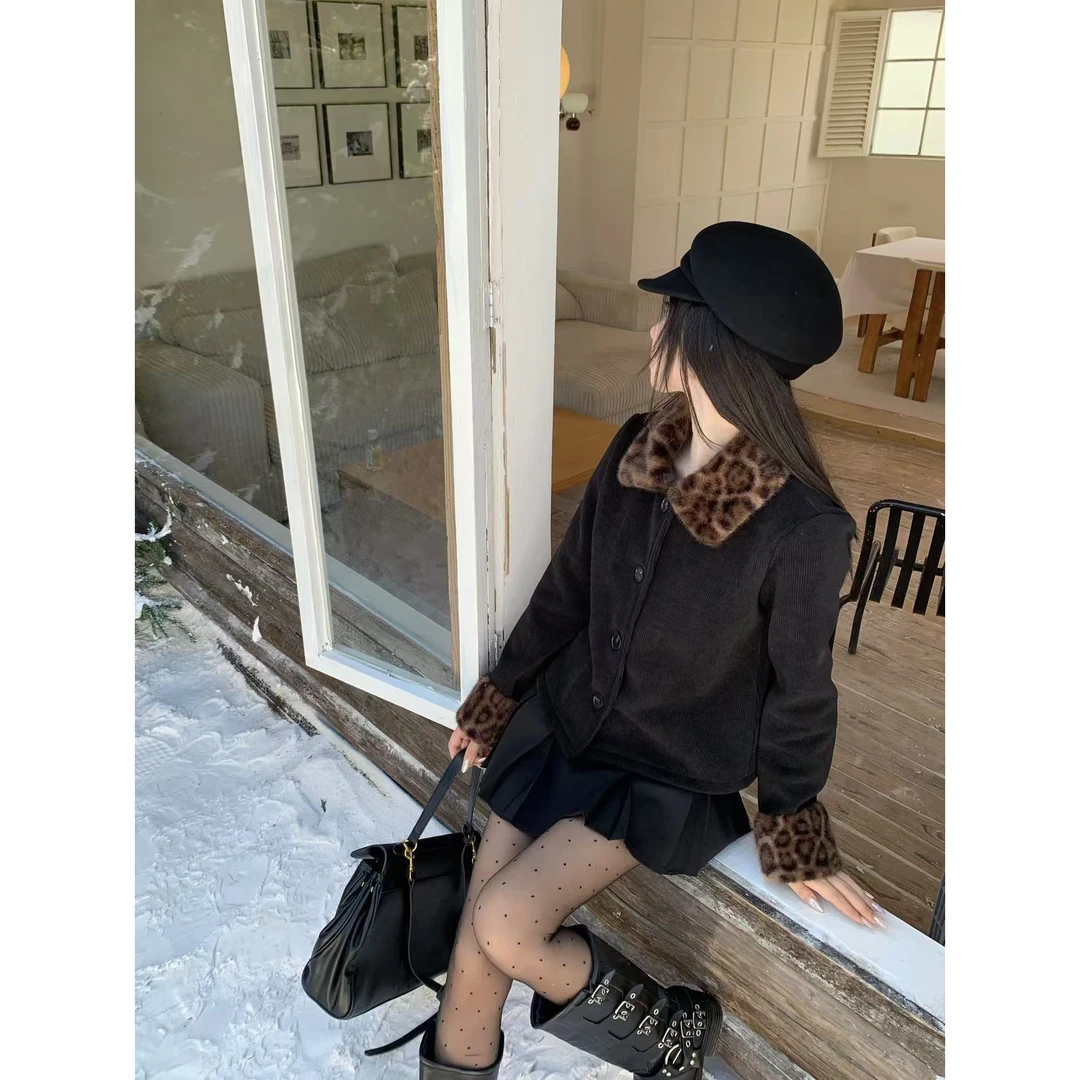 豹纹毛领拼接单排扣长袖外套女时尚百搭绝美别致洋气绝美别致上衣