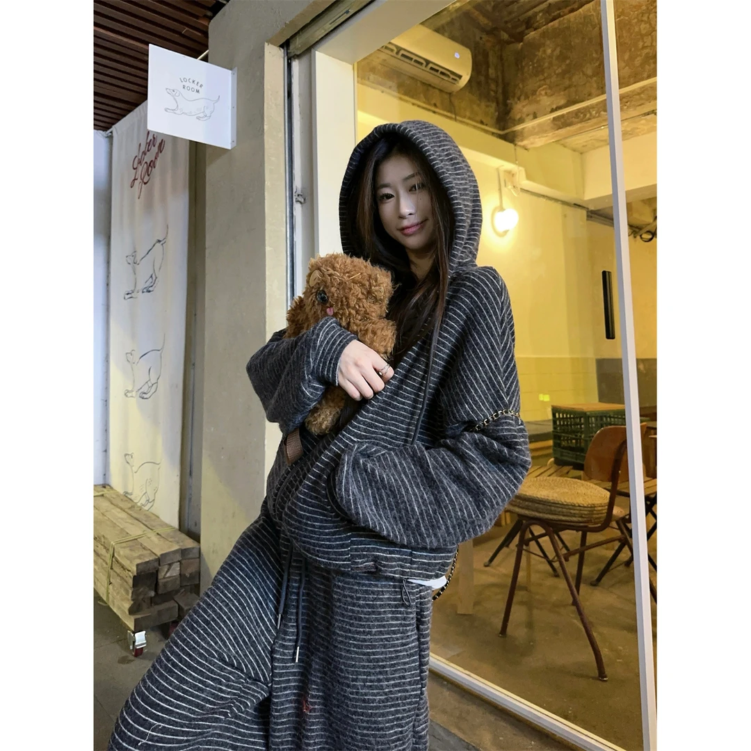 韩版慵懒风条纹长袖连帽外套上衣套装女高腰显瘦阔腿长裤子两件套