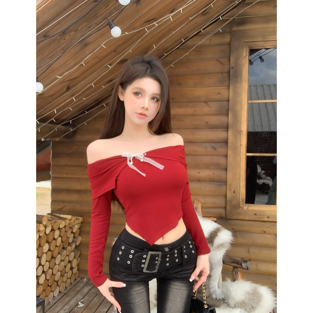 一字肩镂空蝴蝶结设计感不规则长袖针织衫女时尚百搭绝美别致上衣