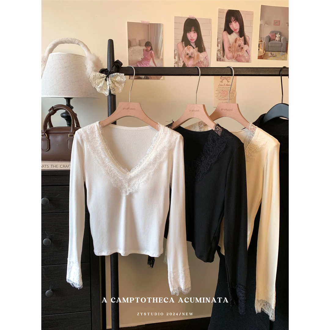 韩系磨毛加厚带胸垫蕾丝V领长袖T恤女时尚百搭绝美别致外穿上衣服