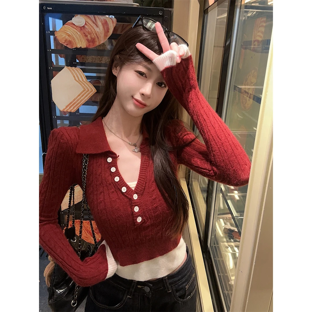 不减设计感polo领假两件长袖针织衫女撞色时尚百搭辣妹气质上衣服