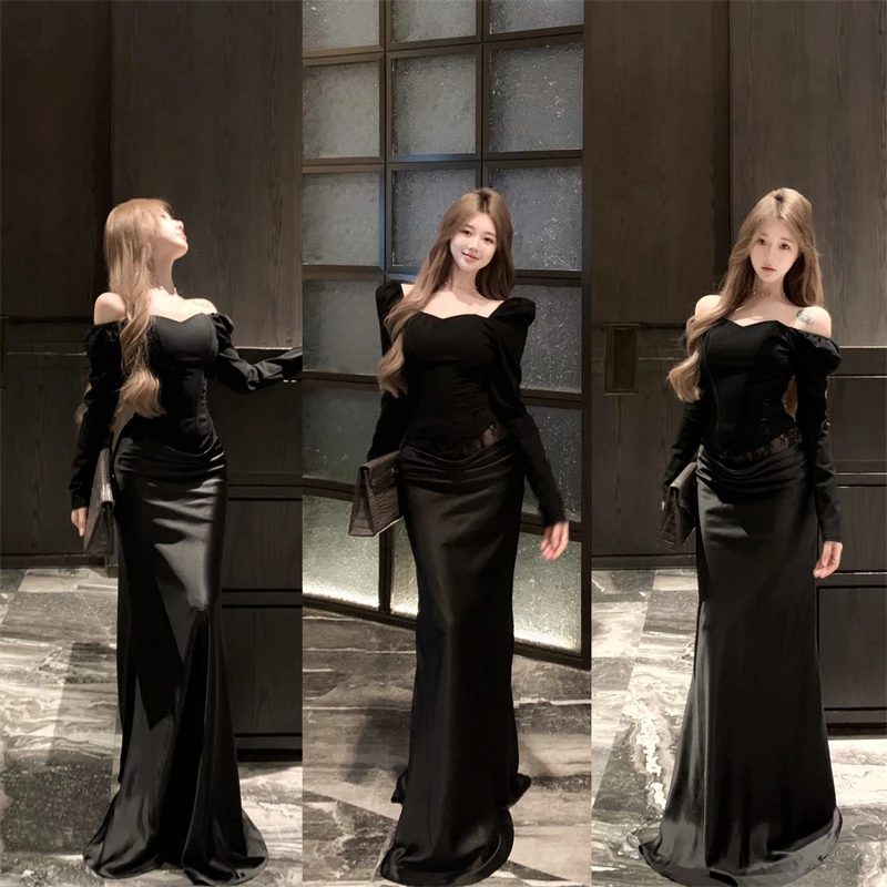 高级感辣妹立体鱼骨束身一字肩上衣套装女蕾丝拼接缎面裙子两件套