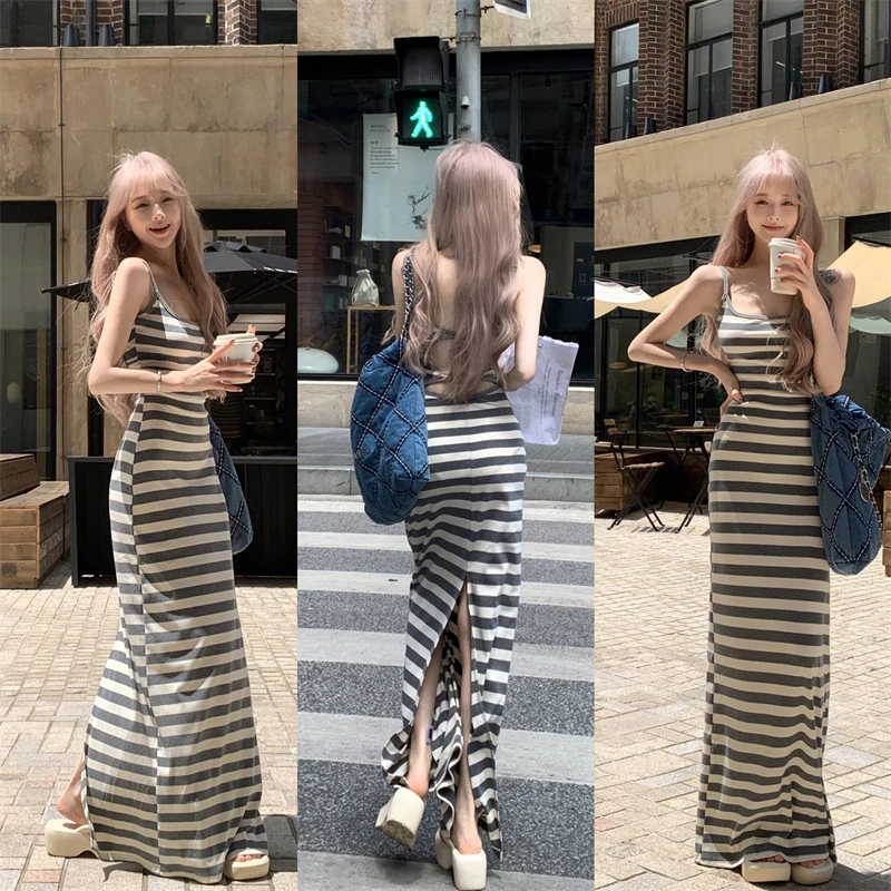 韩系弹力开叉露背条纹吊带连衣裙女慵懒休闲辣妹收腰显瘦包臀裙子