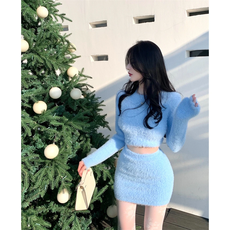 韩系时髦针织毛衣高腰包臀半身裙套装女小众设计感辣妹气质两件套