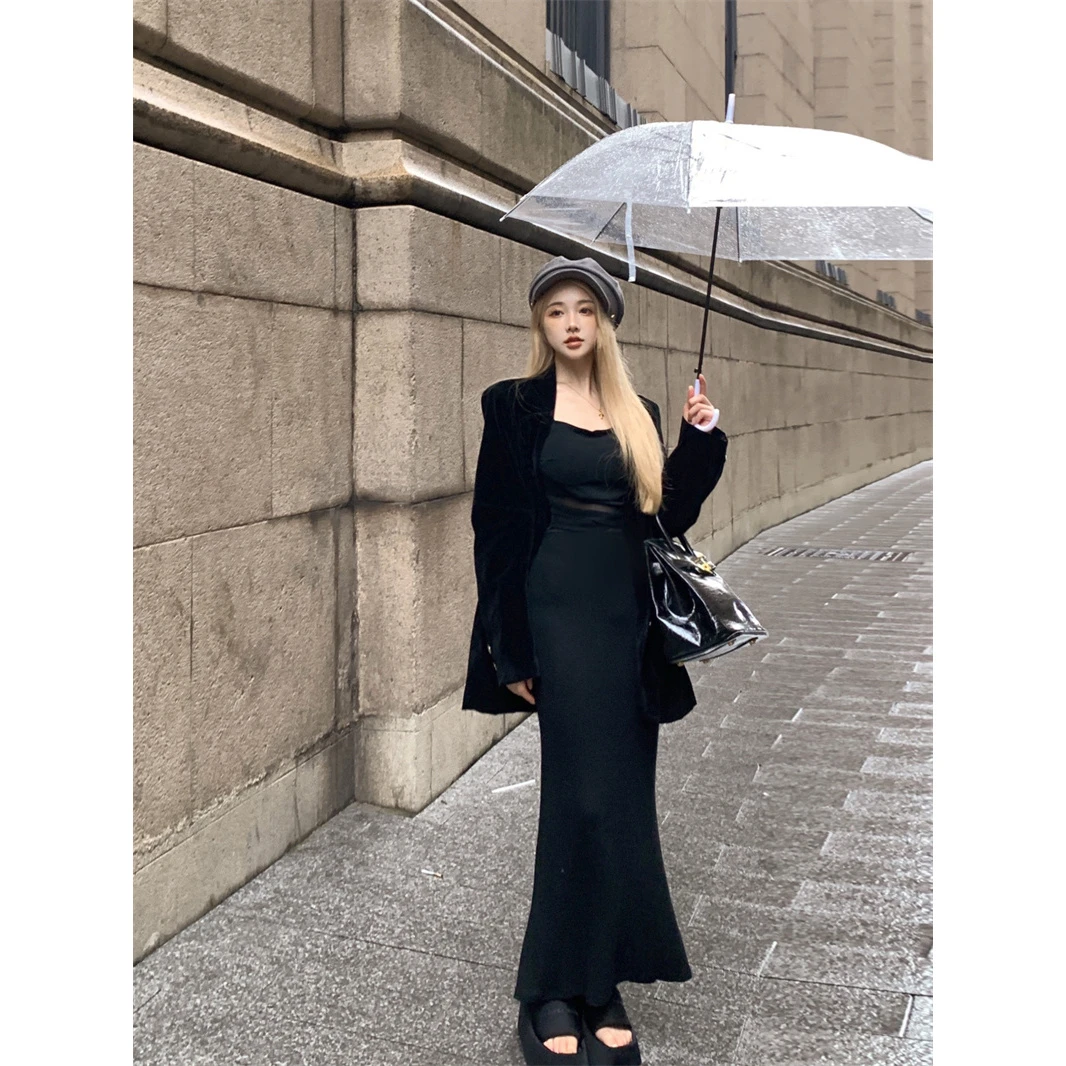 纯欲辣妹设计感腰间交叉网纱拼接针织连衣裙套装女丝绒西装两件套