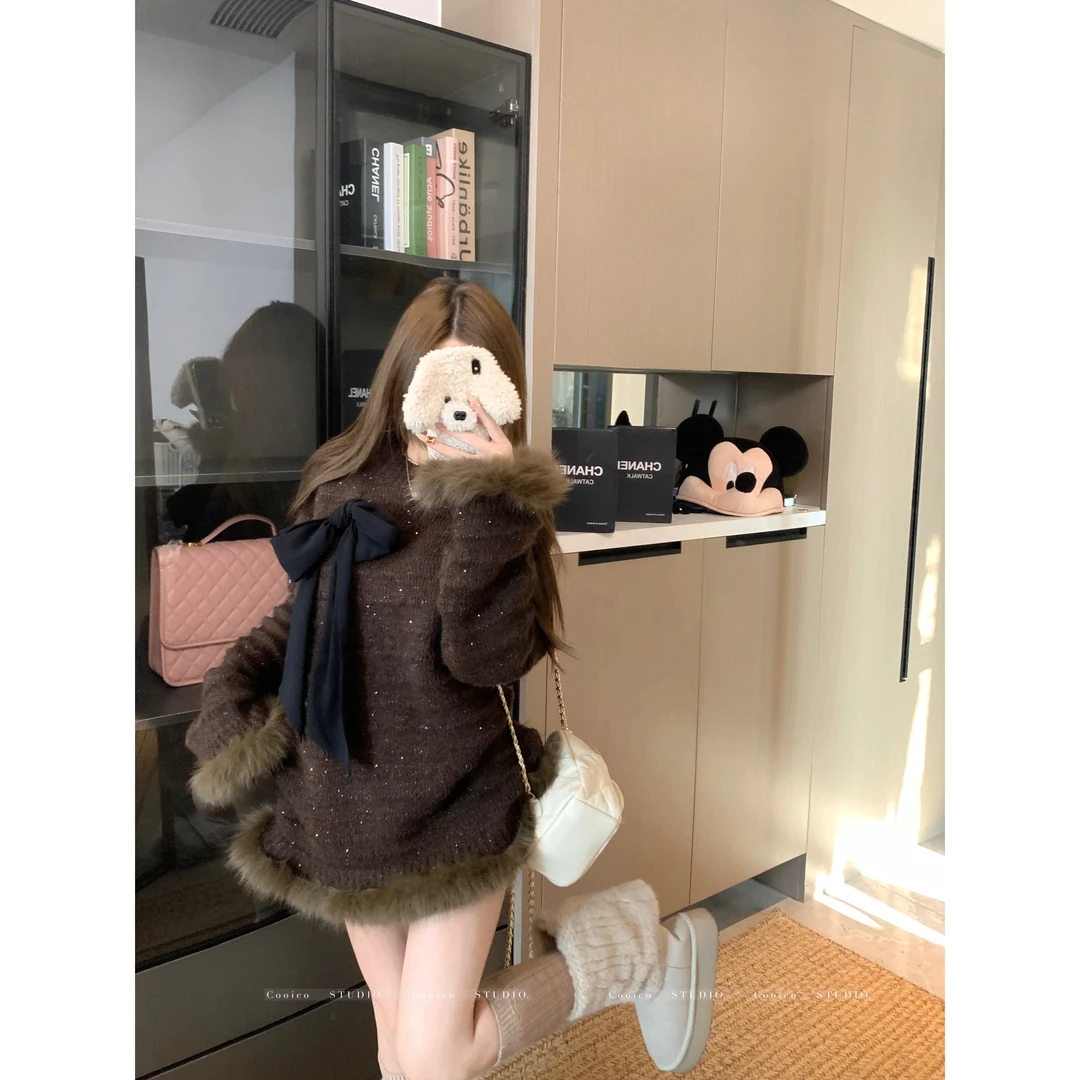 韩系辣妹气质蝴蝶结圣诞长袖毛衣女慵懒风拼接氛围感时尚百搭上衣